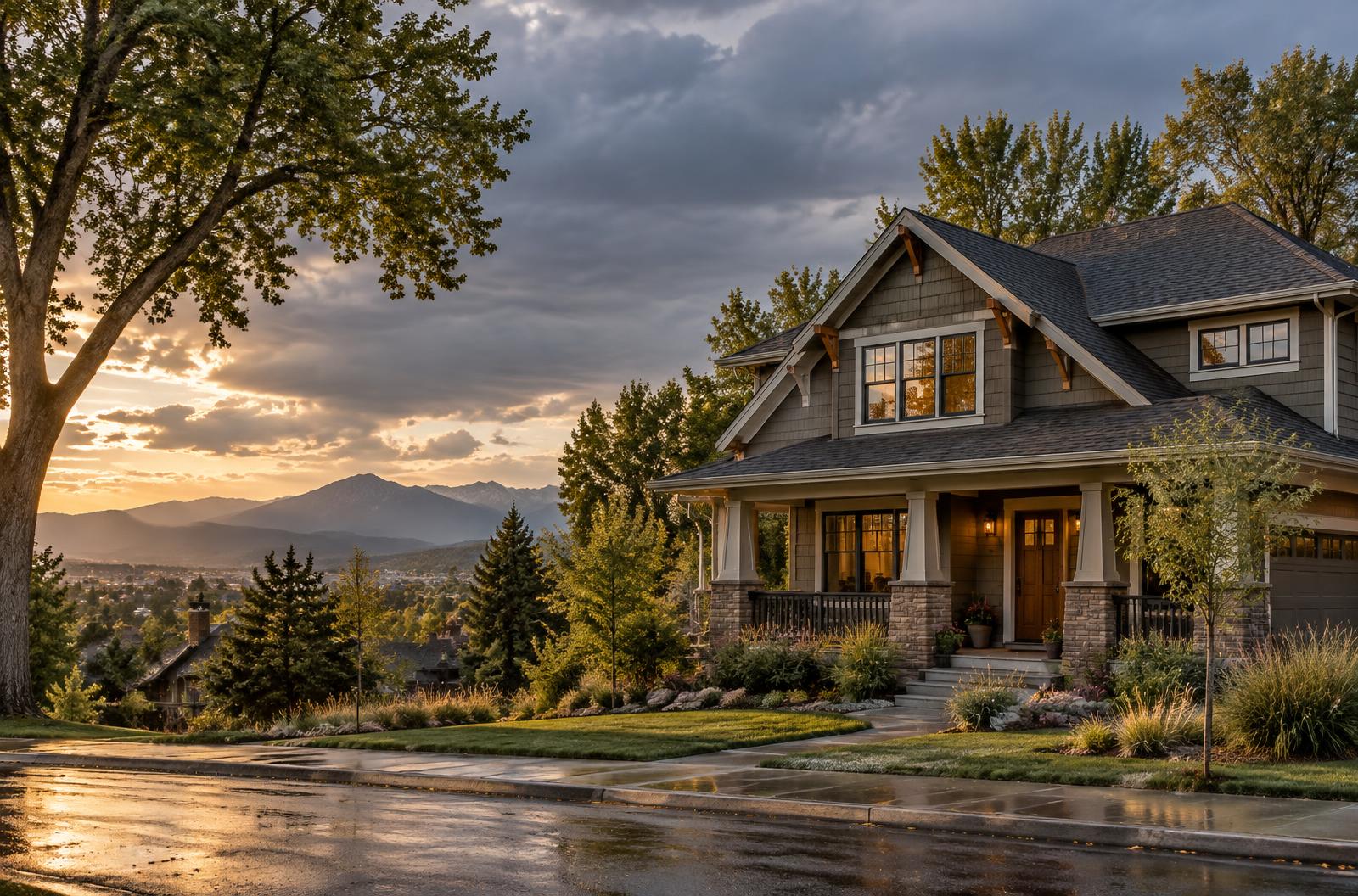Denver home with a charcoal asphalt shingle roof at sunset