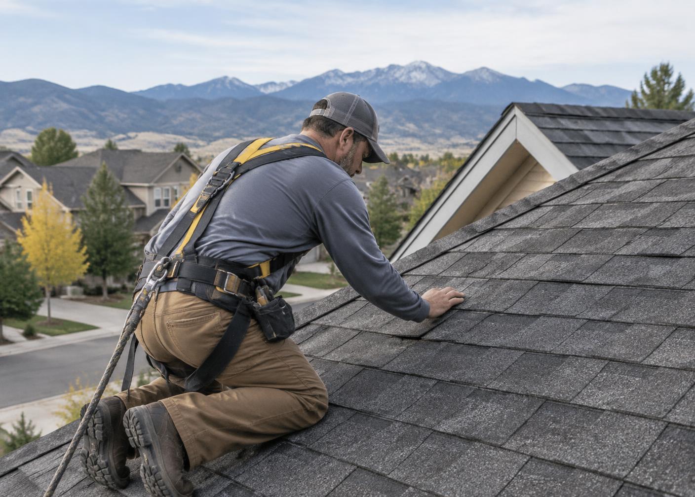 Roofing professional inspecting asphalt shingles on a Denver-area home